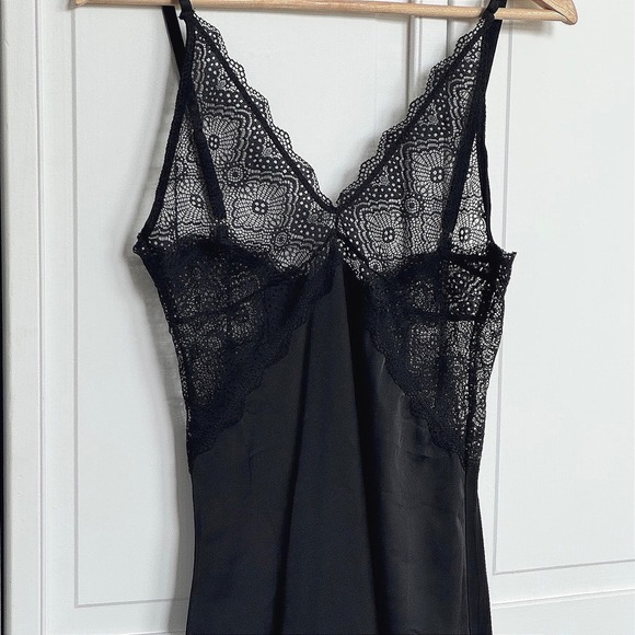 Other - Black Satin and Lace Chemise Sheer Nightgown Mini Slip Dress‎